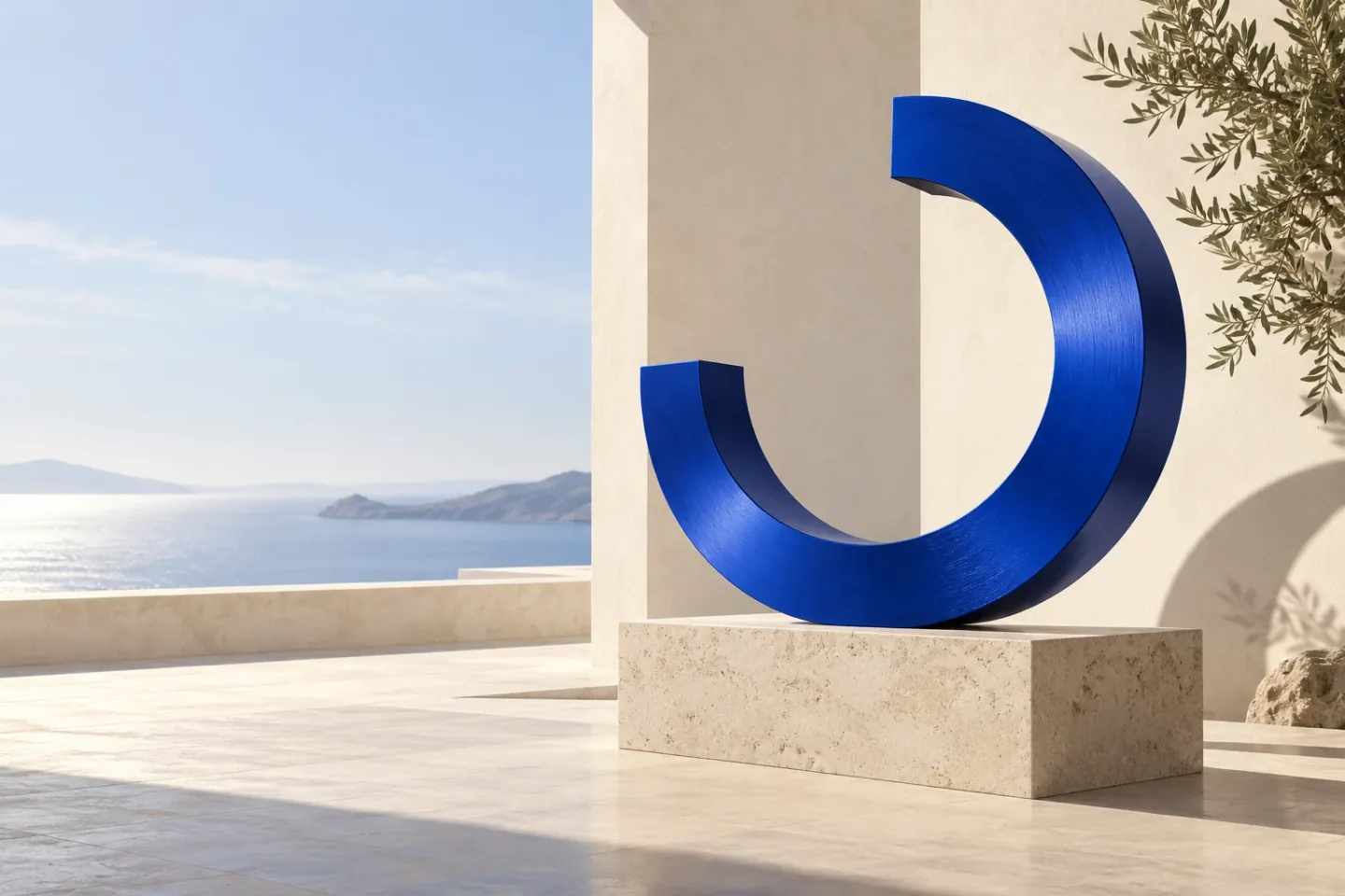 An open cobalt arch in warm limestone architecture, an original visual study of space and clarity.